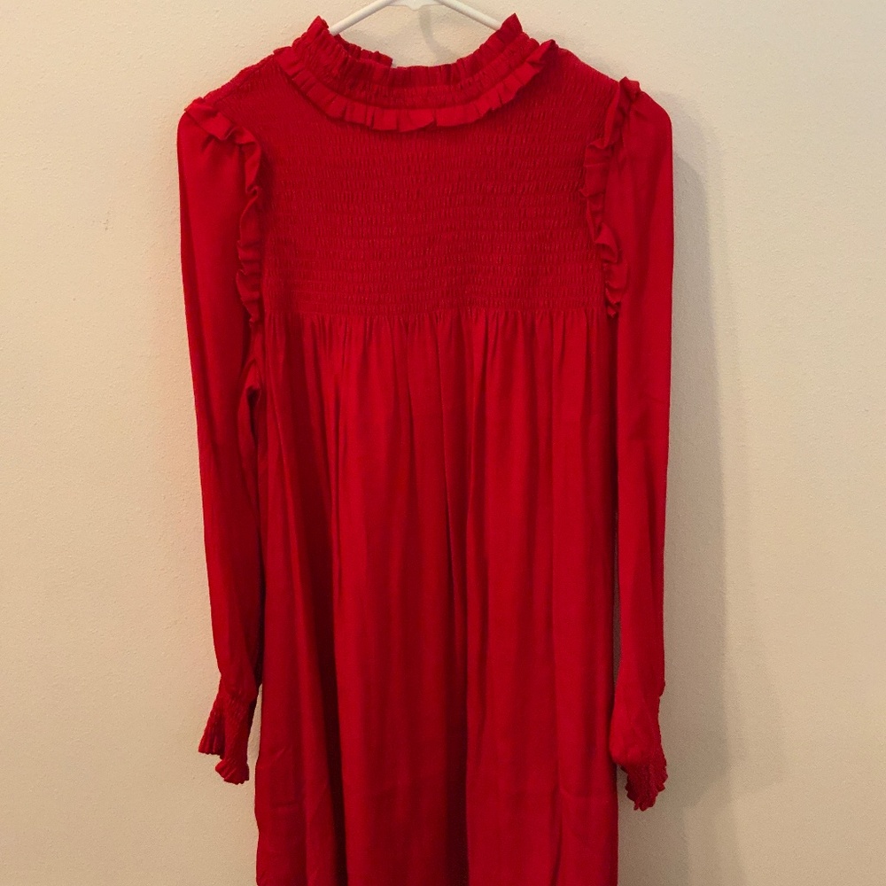 Red ruffled neck shift dress